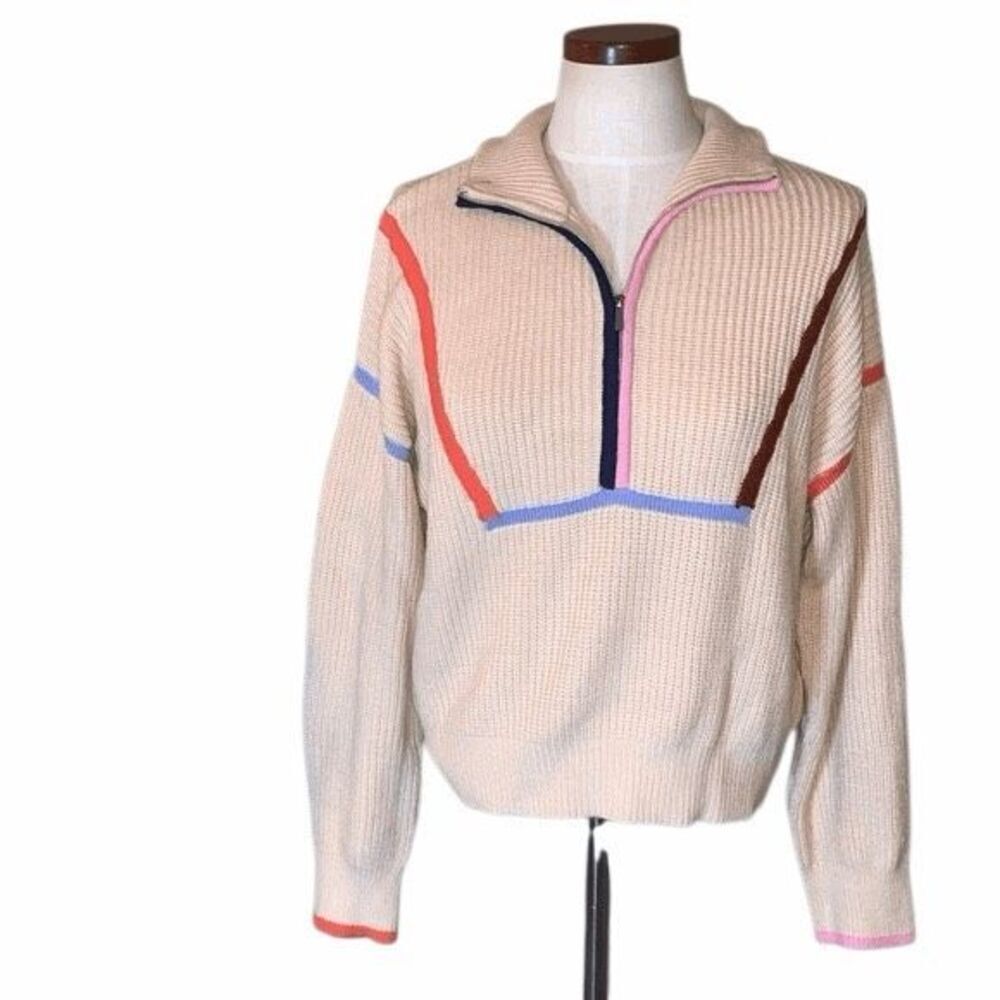 THML Quarter Zip Colorblock Sweater, Peachy Cream with Multicolor Trim, Size S